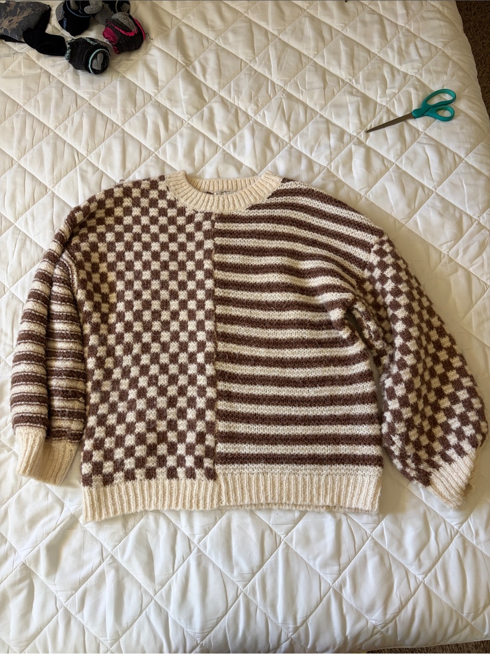 Moon River Cream and Brown Checkerboard & Stripe Knit Sweater